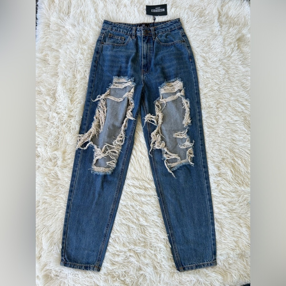 Missguided Women's Size 4 High Rise Distressed Mom Jeans Blue Denim